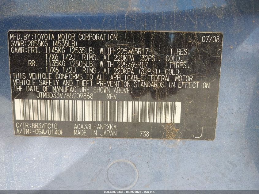 2008 Toyota Rav4 VIN: JTMBD33V785209868 Lot: 43079338