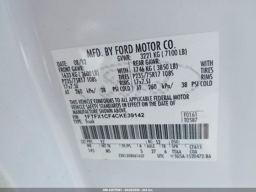 2012 Ford F-150 Xlt VIN: 1FTFX1CF4CKE39142 Lot: 43079361