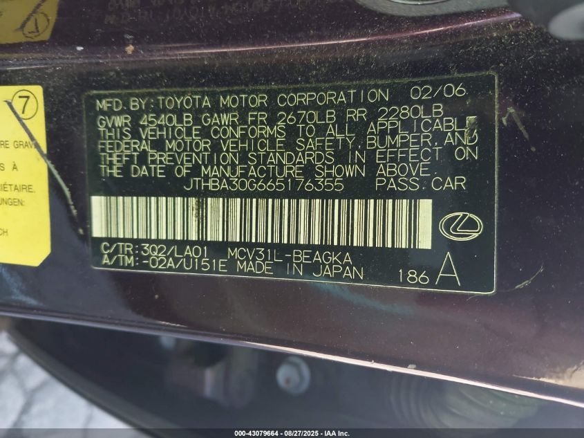 2006 Lexus Es 330 VIN: JTHBA30G665176355 Lot: 43079664