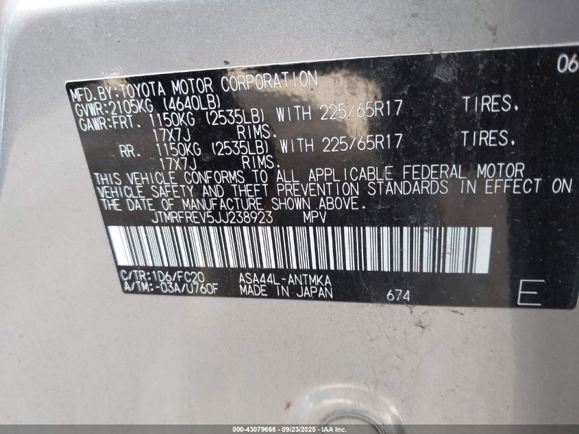 2018 Toyota Rav4 Xle VIN: JTMRFREV5JJ238923 Lot: 43079666