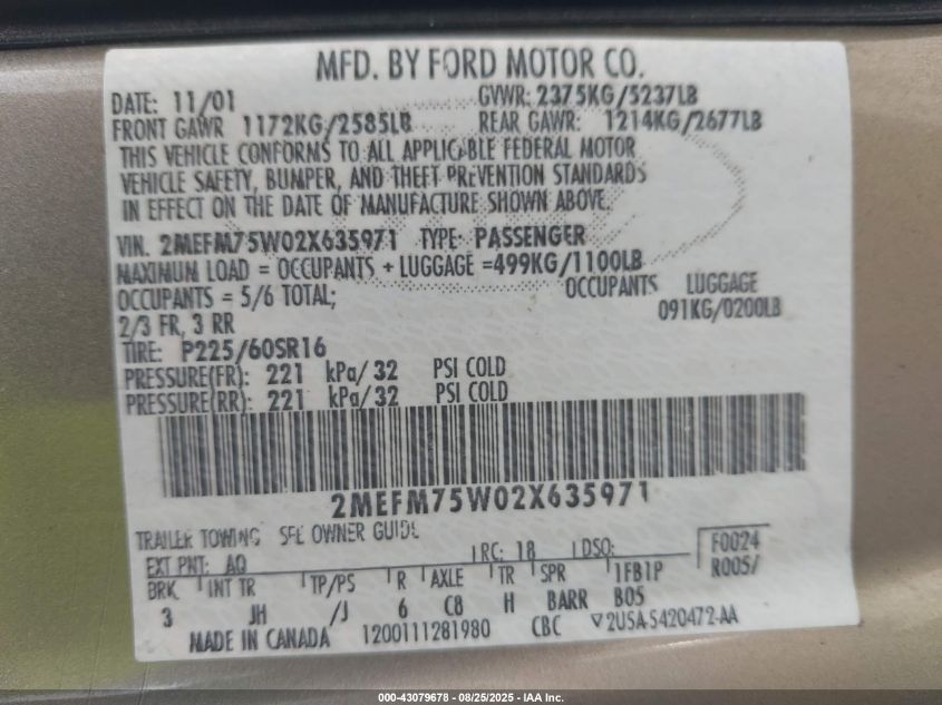 2002 Mercury Grand Marquis Ls VIN: 2MEFM75W02X635971 Lot: 43079678