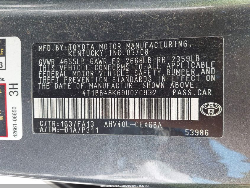 2009 Toyota Camry Hybrid VIN: 4T1BB46K69U070932 Lot: 43079707
