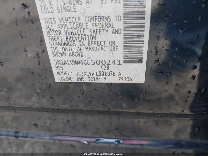 2016 Infiniti Qx60 VIN: 5N1AL0MM4GC500241 Lot: 43079734