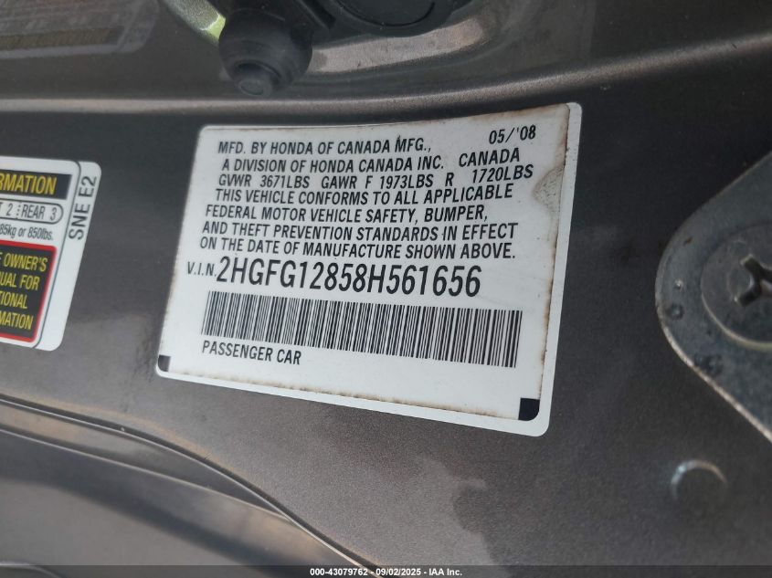 2008 Honda Civic Ex VIN: 2HGFG12858H561656 Lot: 43079762