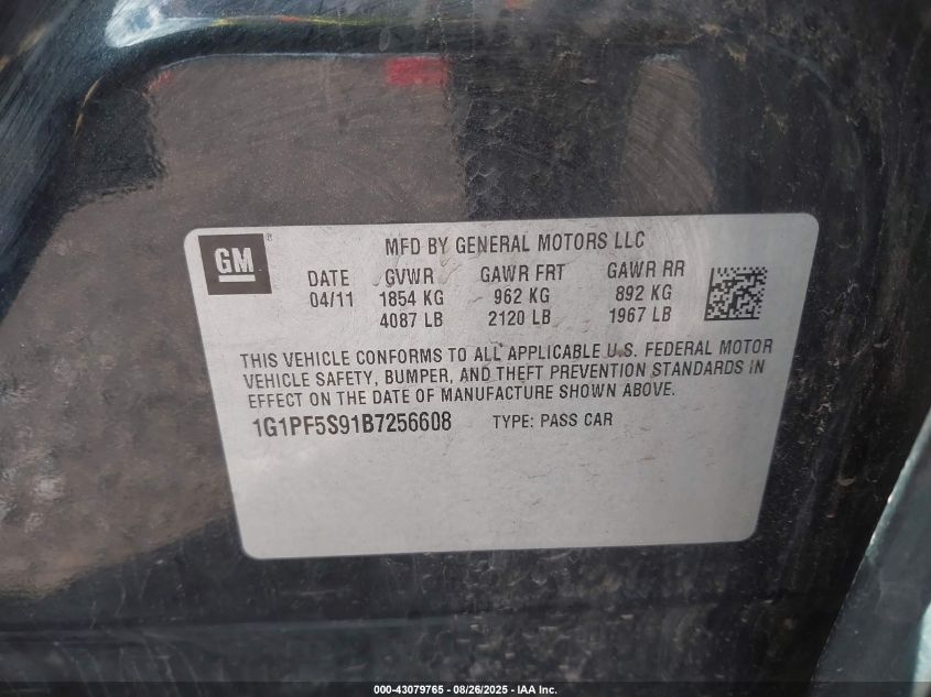 2011 Chevrolet Cruze 1Lt VIN: 1G1PF5S91B7256608 Lot: 43079765