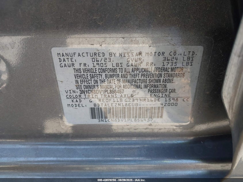 2023 Nissan Versa 1.6 S Xtronic Cvt VIN: 3N1CN8DV1PL856457 Lot: 43079774