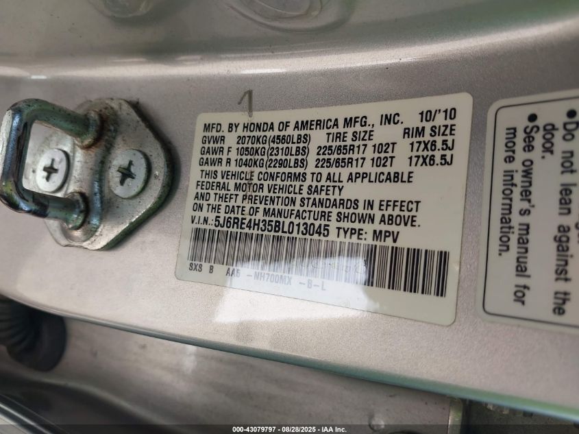 2011 Honda Cr-V Lx VIN: 5J6RE4H35BL013045 Lot: 43079797