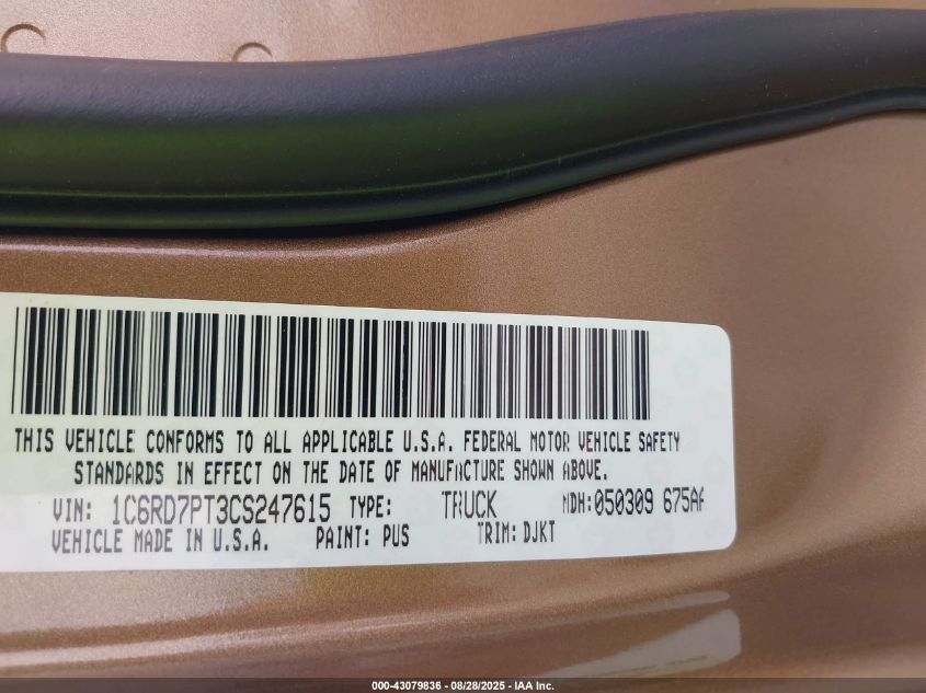 2012 Ram 1500 Laramie Longhorn/Limited Edition VIN: 1C6RD7PT3CS247615 Lot: 43079836