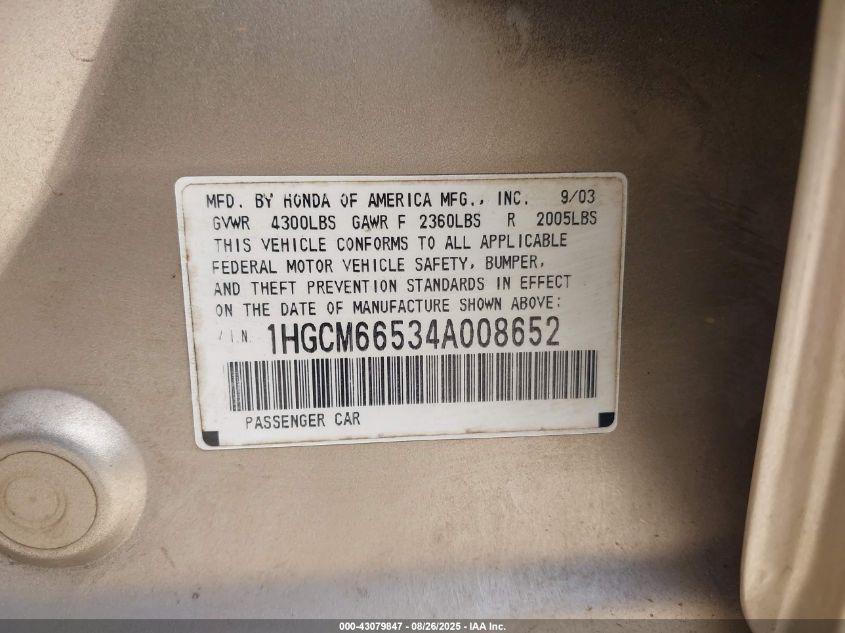 2004 Honda Accord 3.0 Ex VIN: 1HGCM66534A008652 Lot: 43079847