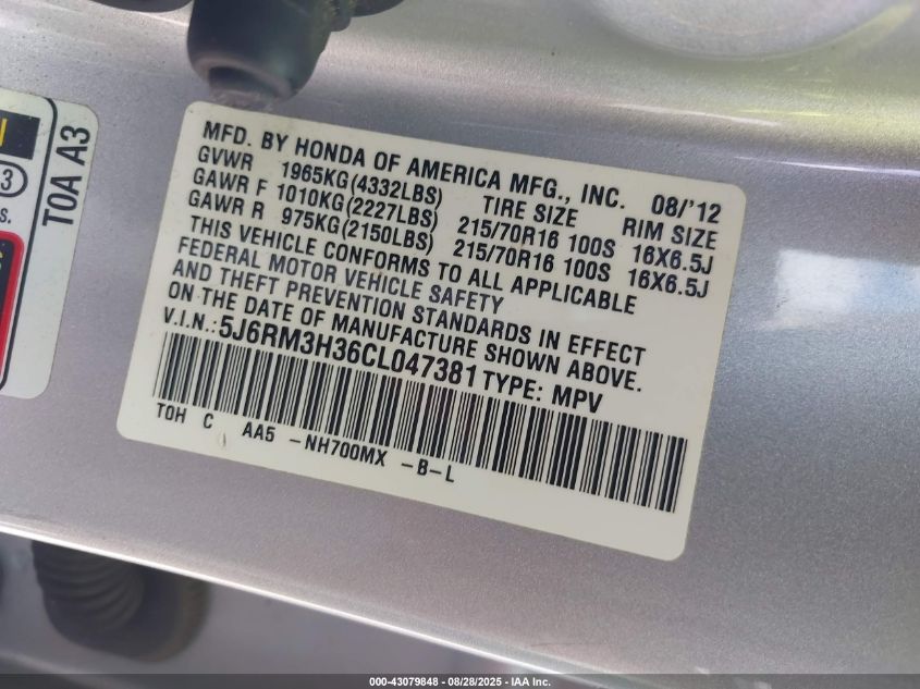 2012 Honda Cr-V Lx VIN: 5J6RM3H36CL047381 Lot: 43079848