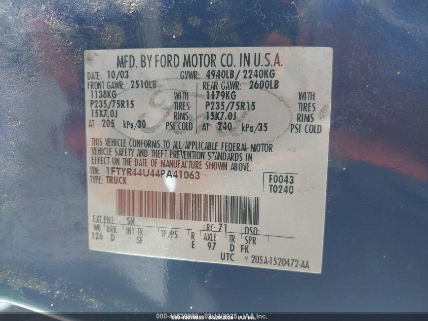 2004 Ford Ranger Edge/Tremor/Xlt VIN: 1FTYR44U44PA41063 Lot: 43079858