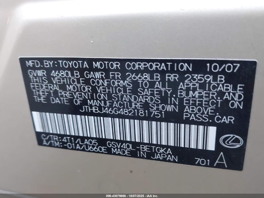 2008 Lexus Es 350 VIN: JTHBJ46G482181751 Lot: 43079866