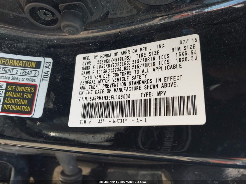 2015 HONDA CR-V LX - 5J6RM4H33FL106008