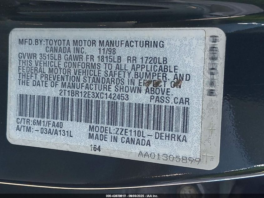 1999 Toyota Corolla Ve VIN: 2T1BR12E3XC142453 Lot: 43079917