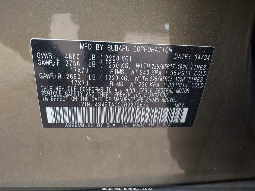 2024 Subaru Outback VIN: 4S4BTACC5RZ272675 Lot: 43079933