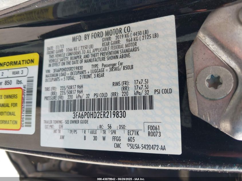 2014 Ford Fusion Se VIN: 3FA6P0HD2ER219830 Lot: 43079942