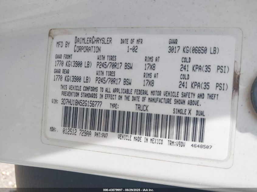 2002 Dodge Ram 1500 St VIN: 3D7HU18N52G156777 Lot: 43079997