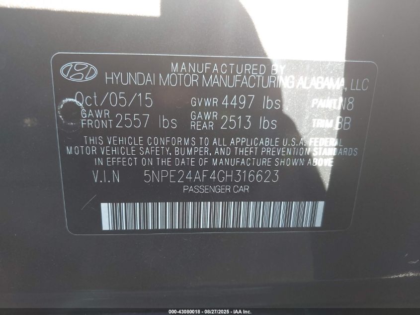 2016 Hyundai Sonata Se VIN: 5NPE24AF4GH316623 Lot: 43080018