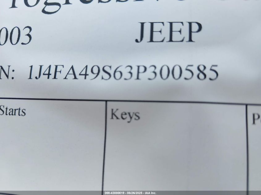 2003 Jeep Wrangler Sport VIN: 1J4FA49S63P300585 Lot: 43080019