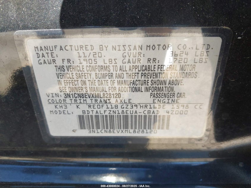 2021 Nissan Versa Sv Xtronic Cvt VIN: 3N1CN8EVXML828120 Lot: 43080024