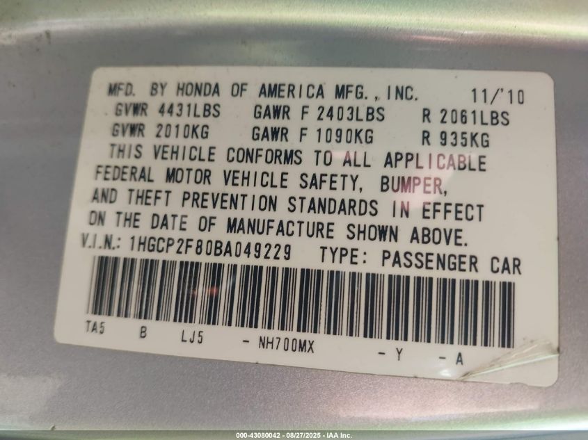 2011 Honda Accord 2.4 Ex-L VIN: 1HGCP2F80BA049229 Lot: 43080042