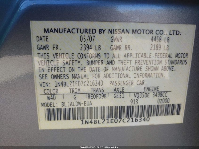2007 Nissan Altima 3.5 Se VIN: 1N4BL21E07C216340 Lot: 43080057