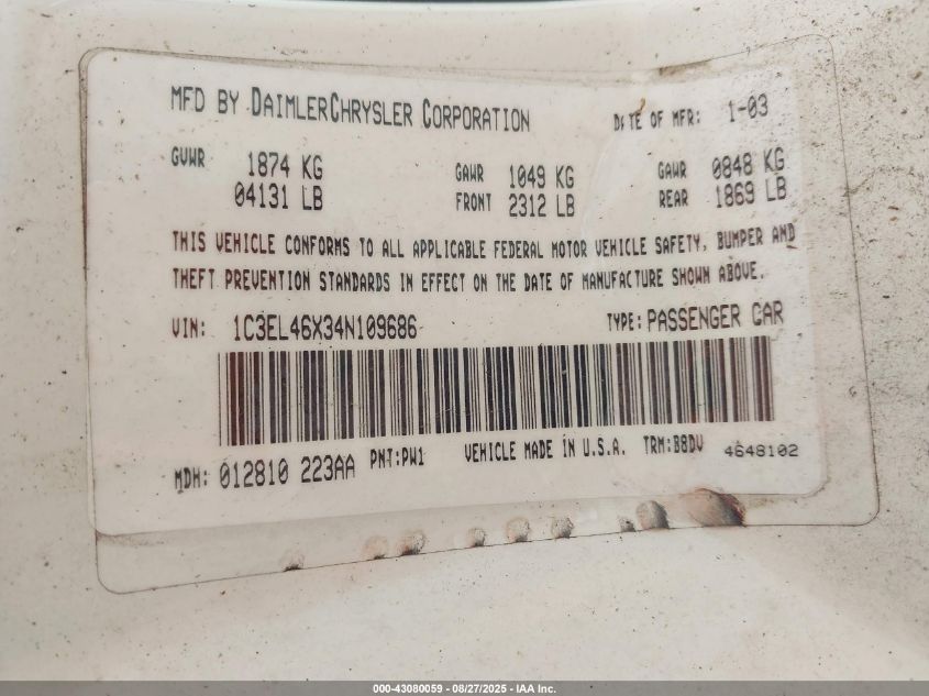 2003 Chrysler Sebring Lx VIN: 1C3EL46X43N109686 Lot: 43080059