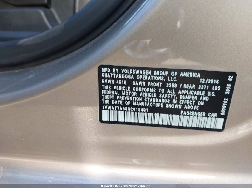 2016 Volkswagen Passat 1.8T S VIN: 1VWAT7A38GC018491 Lot: 43080072