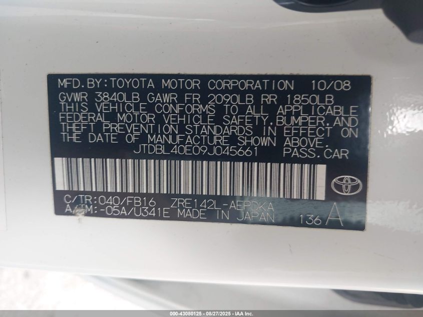 2009 Toyota Corolla Le VIN: JTDBL40E09J045661 Lot: 43080125