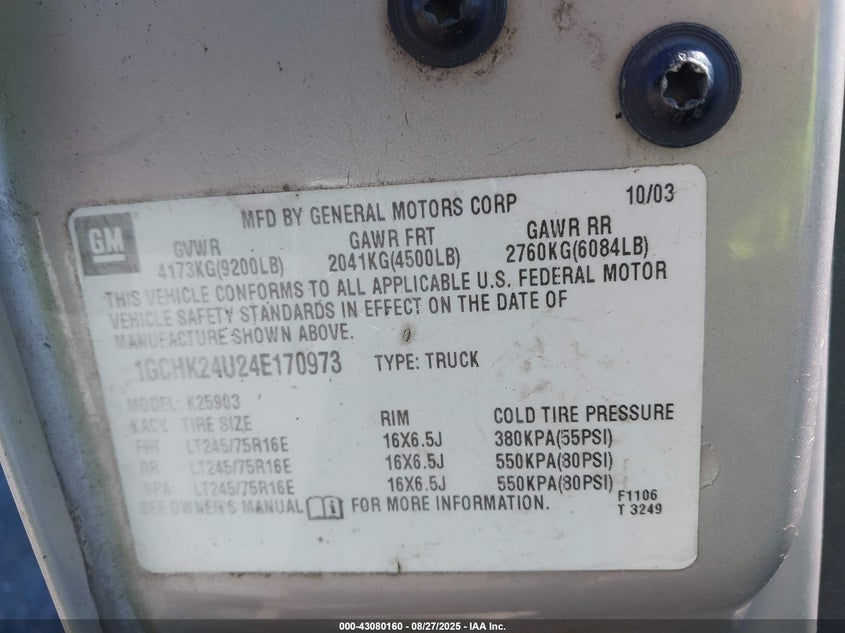 2004 Chevrolet Silverado 2500Hd Ls VIN: 1GCHK24U24E170973 Lot: 43080160