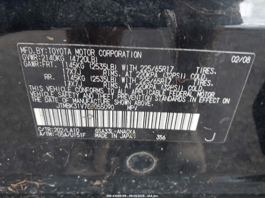 2008 Toyota Rav4 Limited V6 VIN: JTMBK31V785055090 Lot: 43080189