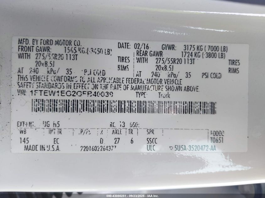 2016 Ford F-150 Lariat VIN: 1FTEW1EG2GFB40039 Lot: 43080251