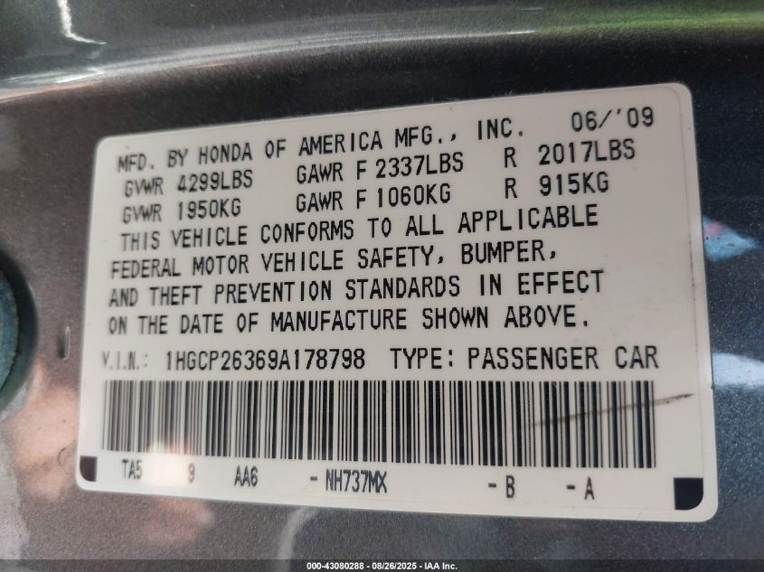 2009 Honda Accord 2.4 Lx VIN: 1HGCP26369A178798 Lot: 43080288