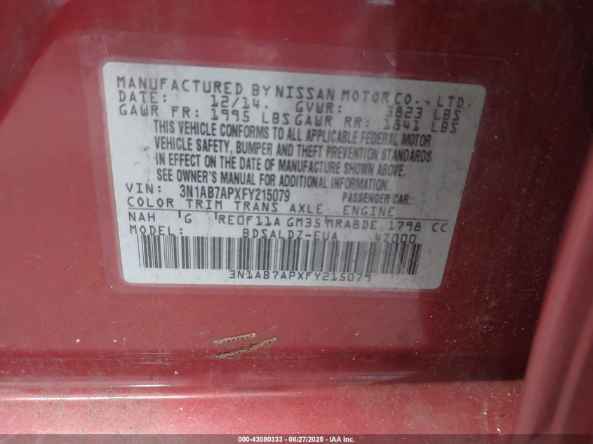 2015 Nissan Sentra Fe+ S/S/Sl/Sr/Sv VIN: 3N1AB7APXFY215079 Lot: 43080333