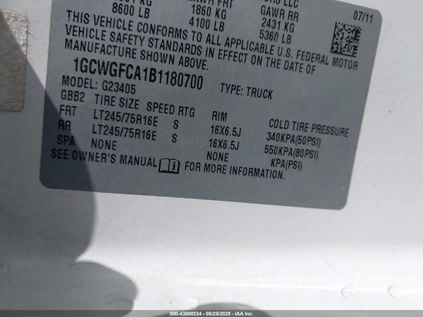 2011 Chevrolet Express 2500 Work Van VIN: 1GCWGFBA7B1180700 Lot: 43080334