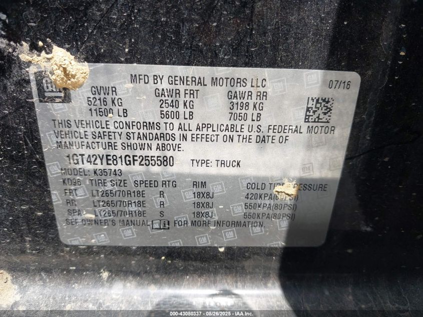 2016 GMC Sierra 3500Hd Denali VIN: 1GT42YE81GF255580 Lot: 43080337