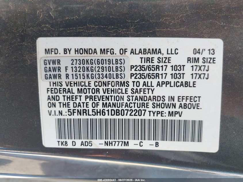 2013 Honda Odyssey Ex-L VIN: 5FNRL5H61DB072207 Lot: 43080443
