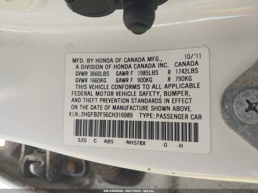 2012 Honda Civic Lx VIN: 2HGFB2F56CH316989 Lot: 43080540