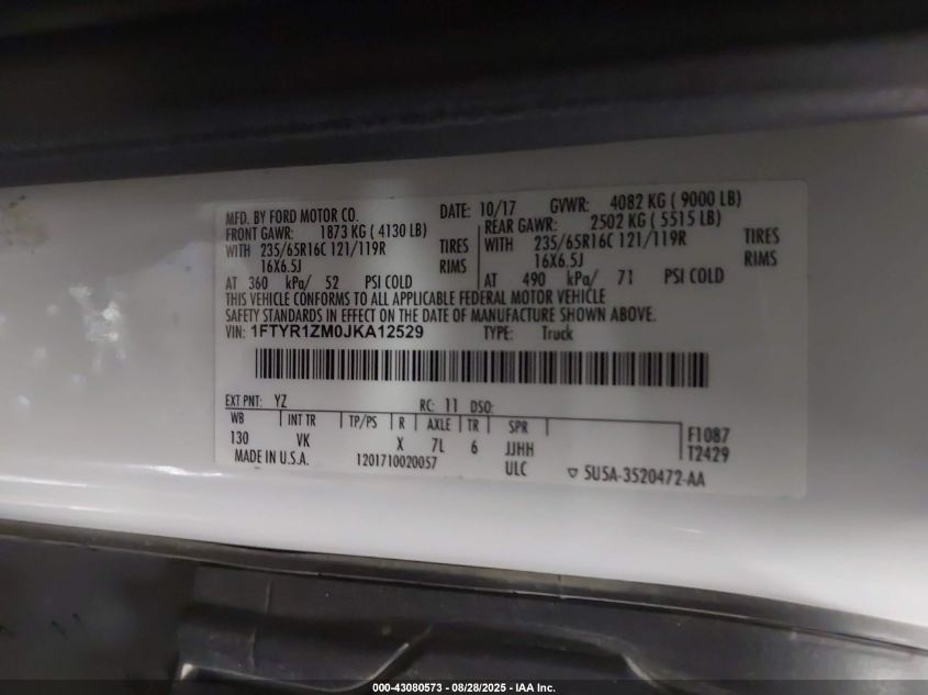 2018 Ford Transit-250 VIN: 1FTYR1ZM0JKA12529 Lot: 43080573