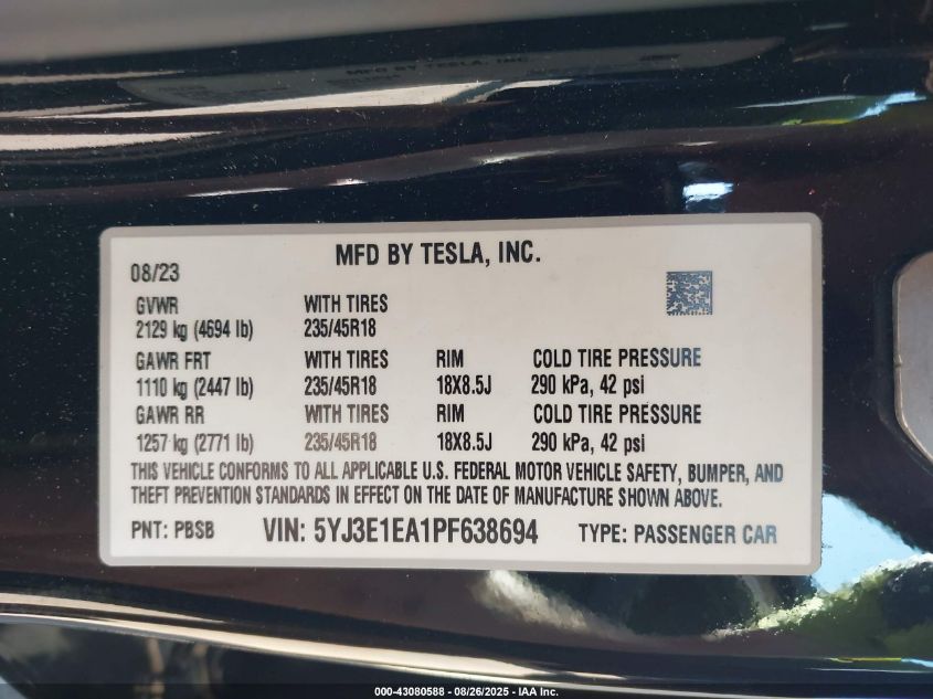 2023 Tesla Model 3 Rear-Wheel Drive VIN: 5YJ3E1EA1PF638694 Lot: 43080588