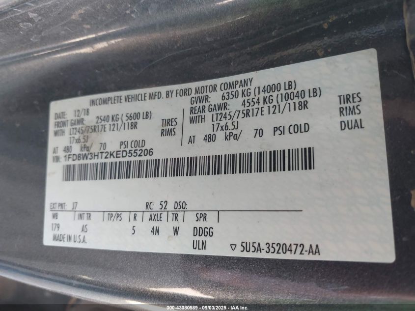 2019 Ford F-350 Chassis Xl VIN: 1FD8W3HT2KED55206 Lot: 43080589