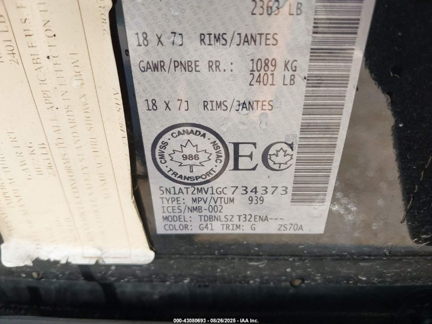 2016 Nissan Rogue S/Sl/Sv VIN: 5N1AT2MV1GC734373 Lot: 43080693