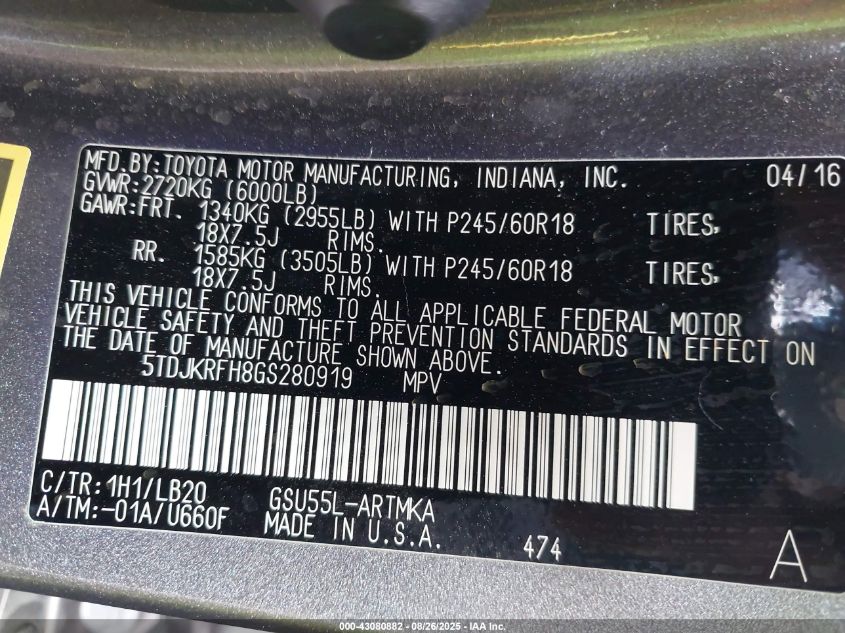 2016 Toyota Highlander Xle V6 VIN: 5TDJKRFH8GS280919 Lot: 43080882