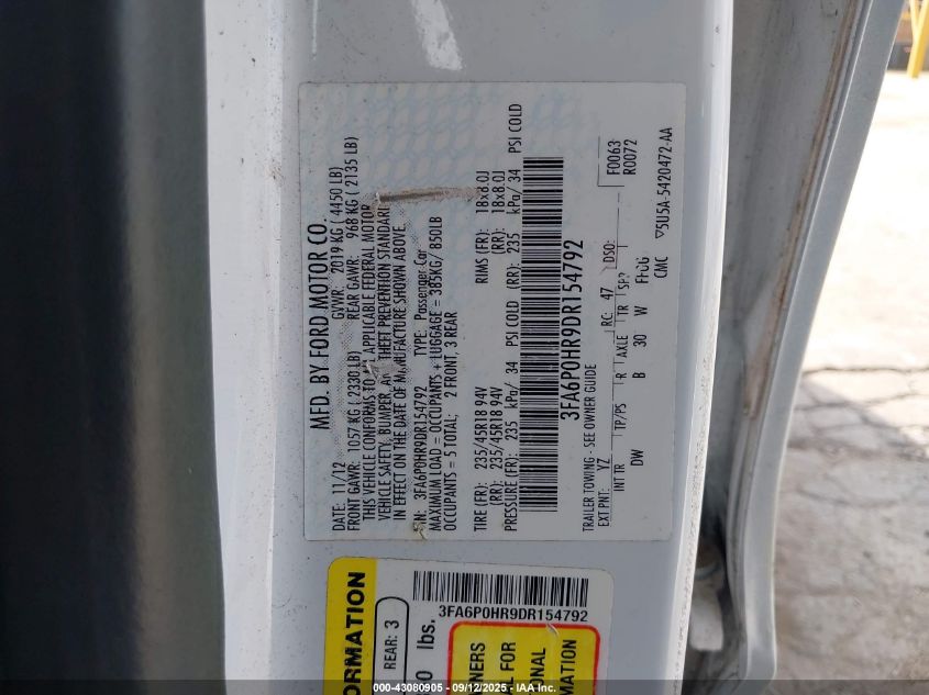 2013 Ford Fusion Se VIN: 3FA6P0HR9DR154792 Lot: 43080905