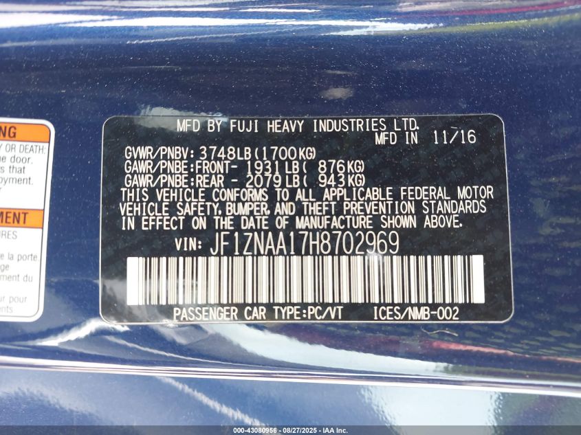 2017 Toyota 86 VIN: JF1ZNAA17H8702969 Lot: 43080956