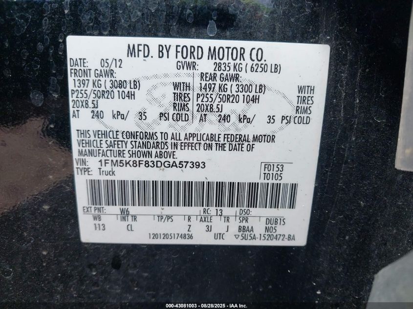 2013 Ford Explorer Limited VIN: 1FM5K8F83DGA57393 Lot: 43081003