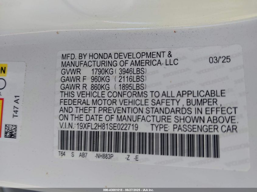 2025 Honda Civic Sport VIN: 19XFL2H81SE022719 Lot: 43081018
