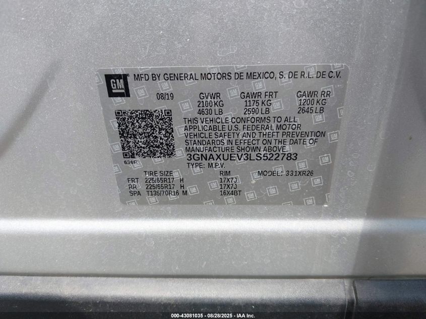 2020 Chevrolet Equinox Awd Lt 1.5L Turbo VIN: 3GNAXUEV3LS522783 Lot: 43081035
