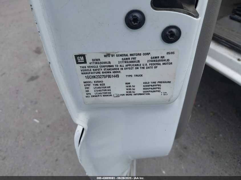2005 Chevrolet Silverado 2500Hd Lt VIN: 1GCHK23275F951449 Lot: 43081051
