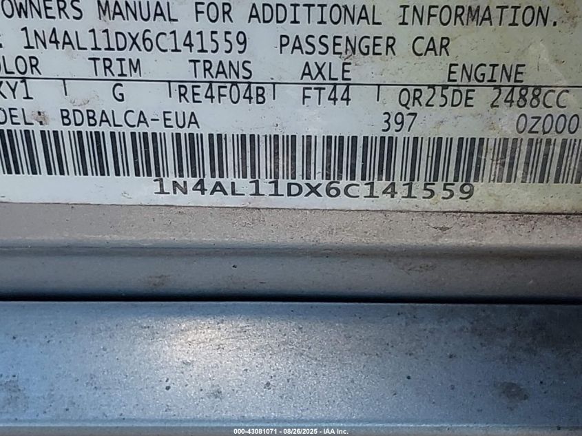 2006 Nissan Altima 2.5 S VIN: 1N4AL11DX6C141559 Lot: 43081071